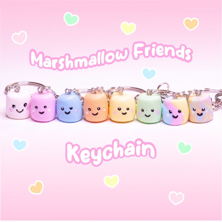Keychain with cute Marshmallows made from polymer clay.