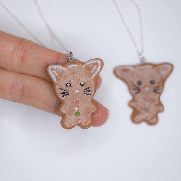 Necklace with gingerbread cat made from polymer clay for girls, teens and women.