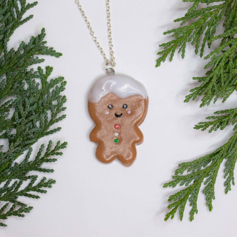 Cute necklace with gingerbread man made from polymer clay for girls, teens and women.