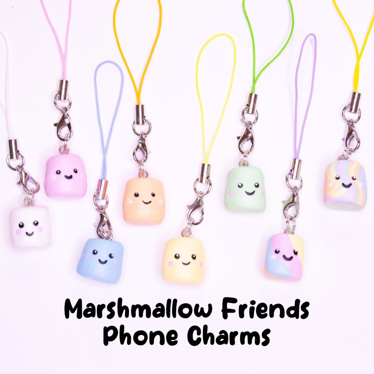 Phone charms with cute marshmallows made from polymer clay.